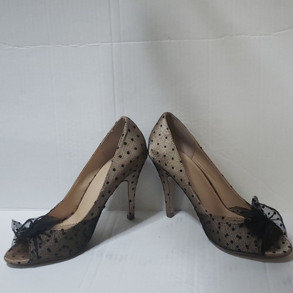 Heart In D Peep Toe Black Tan Pokadot Heels - Picture 14 of 16